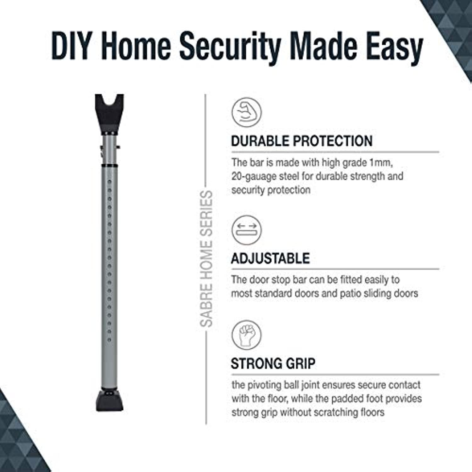 SABRE Adjustable 2-in-1 Door Security Bar, Door Stop Bar Secures Onto Door Knob,