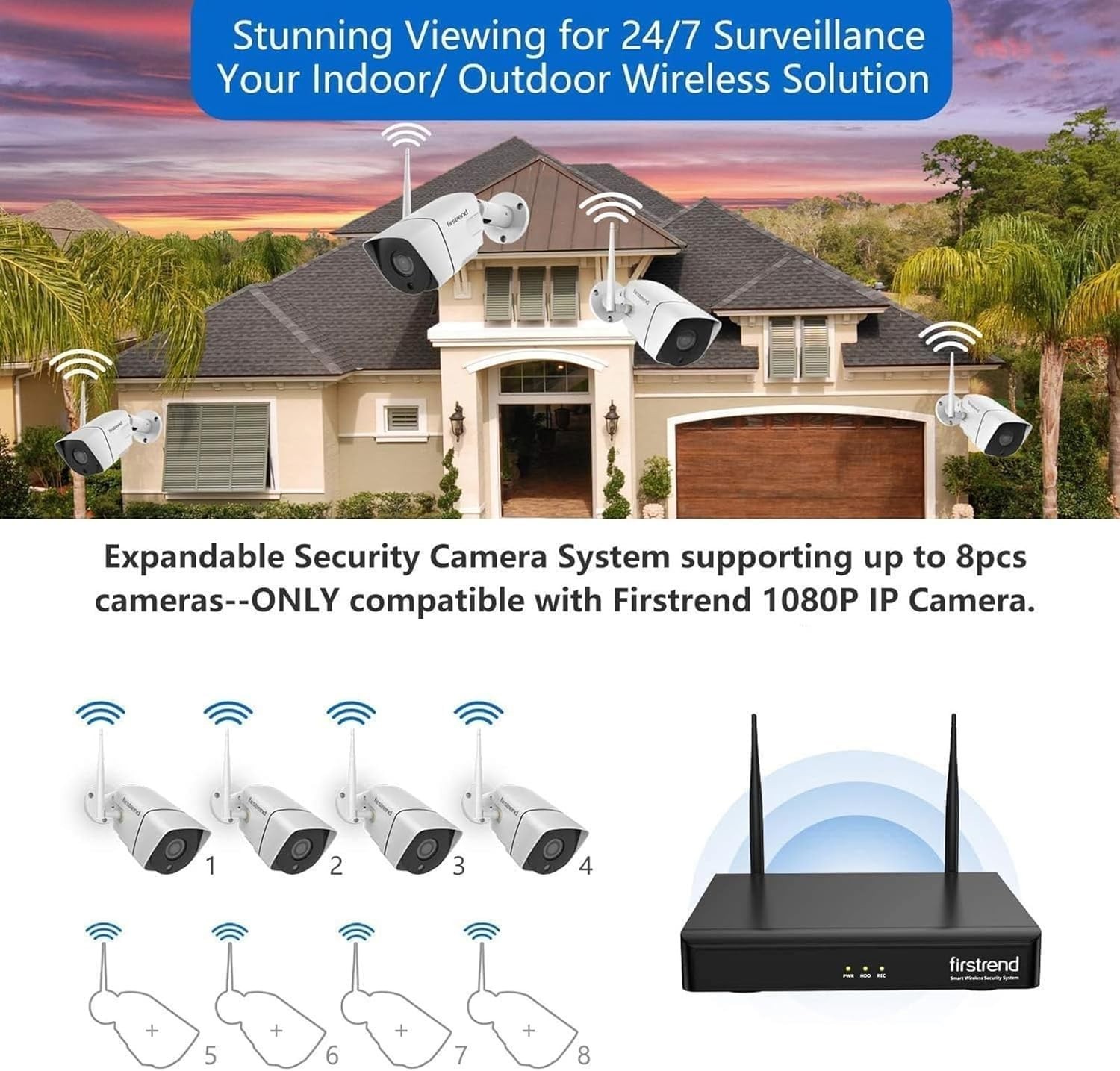 FIRSTREND WiFi Home Security Camera System 8CH NVR with 4x 1080P Camera 500G HDD