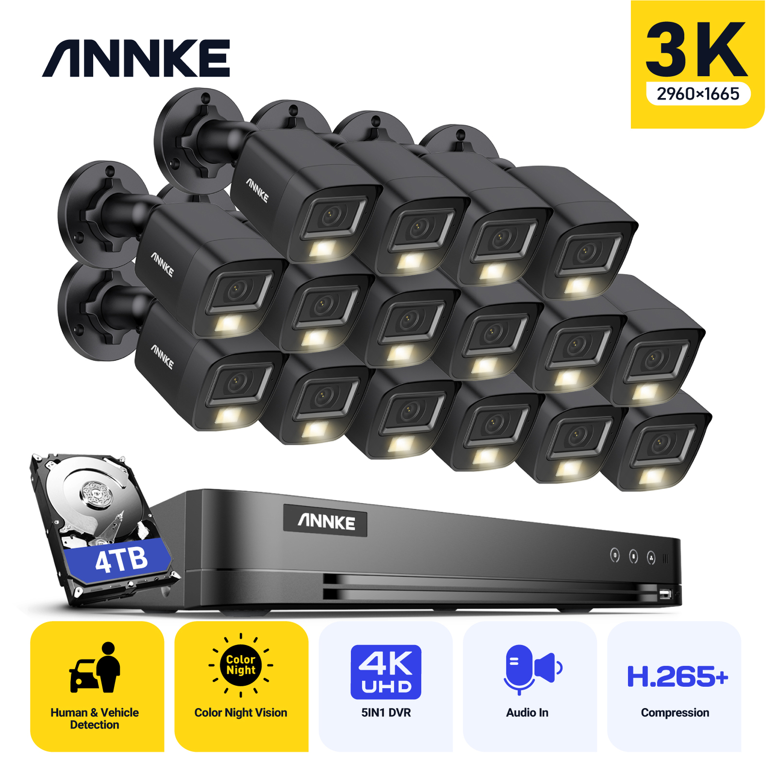ANNKE 4K 8CH/16CH DVR 5MP Audio Security Camera System Color Night Vision H.265+