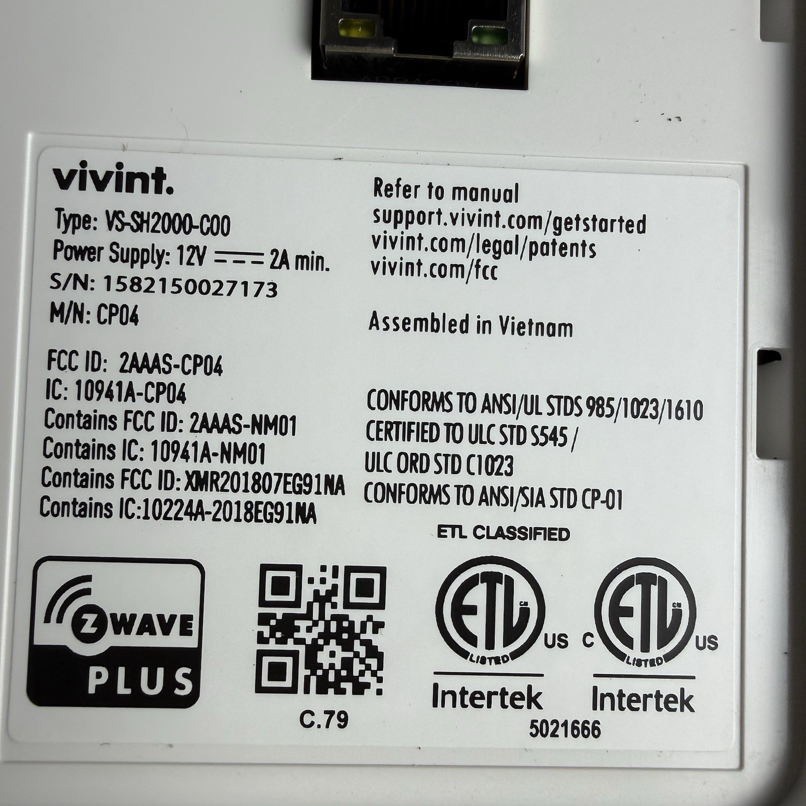 2025 Vivint Smart Home Sky Control Panel Smart Hub VS-SH2000-C00