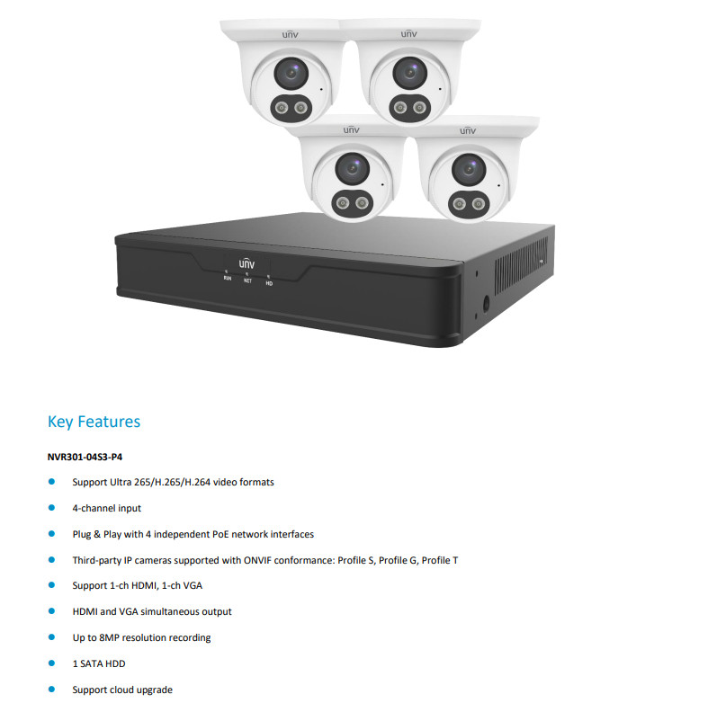 Uniview UNV 4CH PoE NVR 4x 4MP Turret Security System 1TB NDAA EKDL-S31P4T44T1