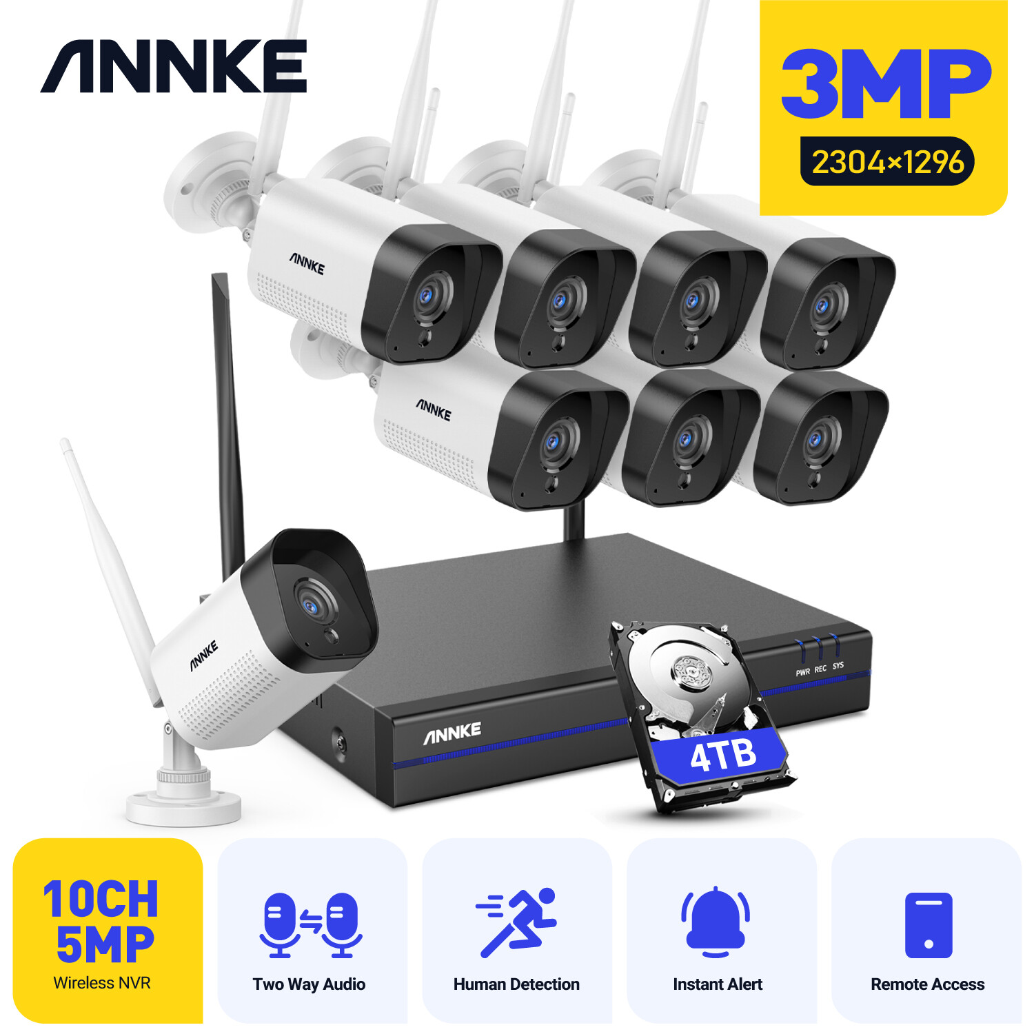 ANNKE Wireless 8CH 5MP NVR 3MP WiFi Security IP Camera System Two Way Audio AI