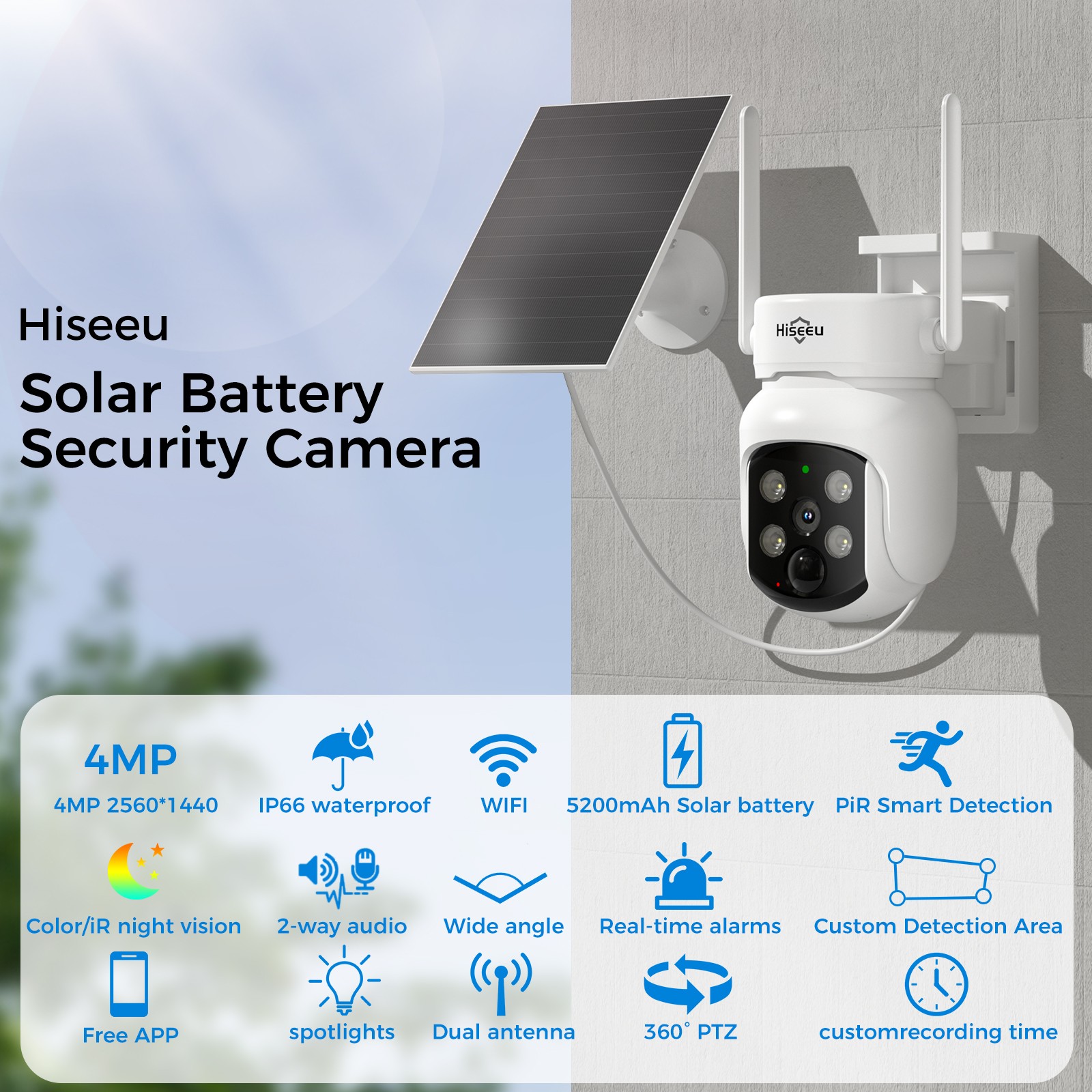 Hiseeu WIFI Solar Battery 4MP Wireless PTZ Security Camera Outdoor PIR Detection