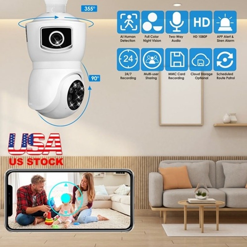 iMountek Dual Lens Security Camera E27 Light Socket Surveillance Camera 1080P