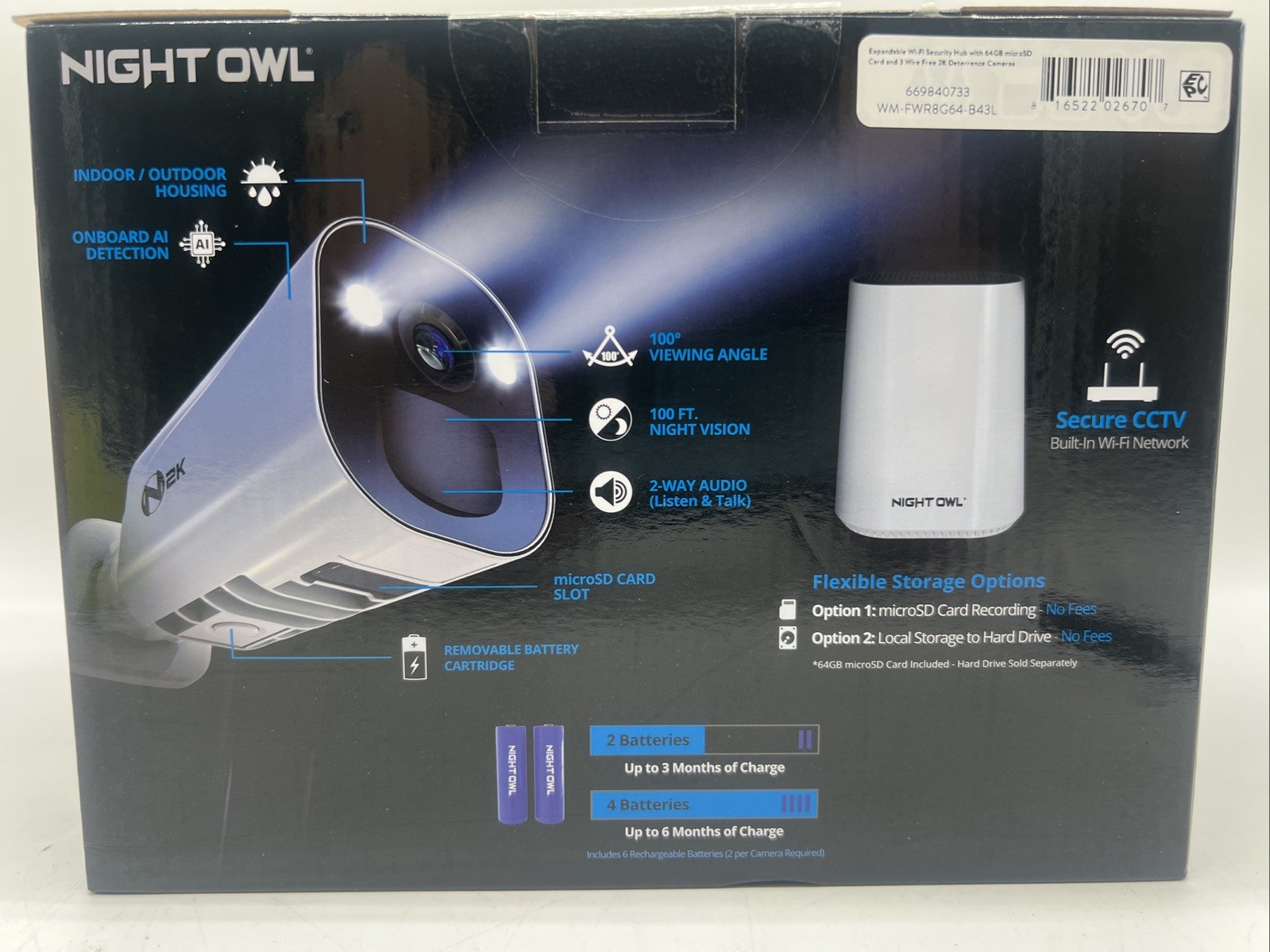 New Night Owl 2K HD Battery Wi-Fi Security Hub x3 Cameras FWR8G64-B43L FreeS&H