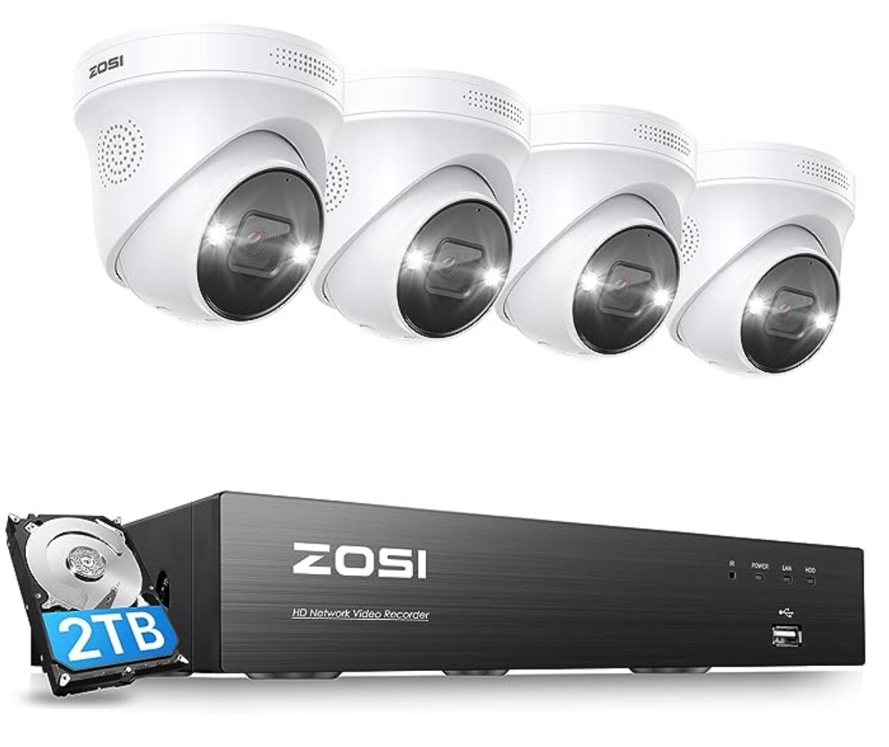 ZOSI 8-16CH 4K PoE Security Camera System Spotlight 2TB – 4 Cameras