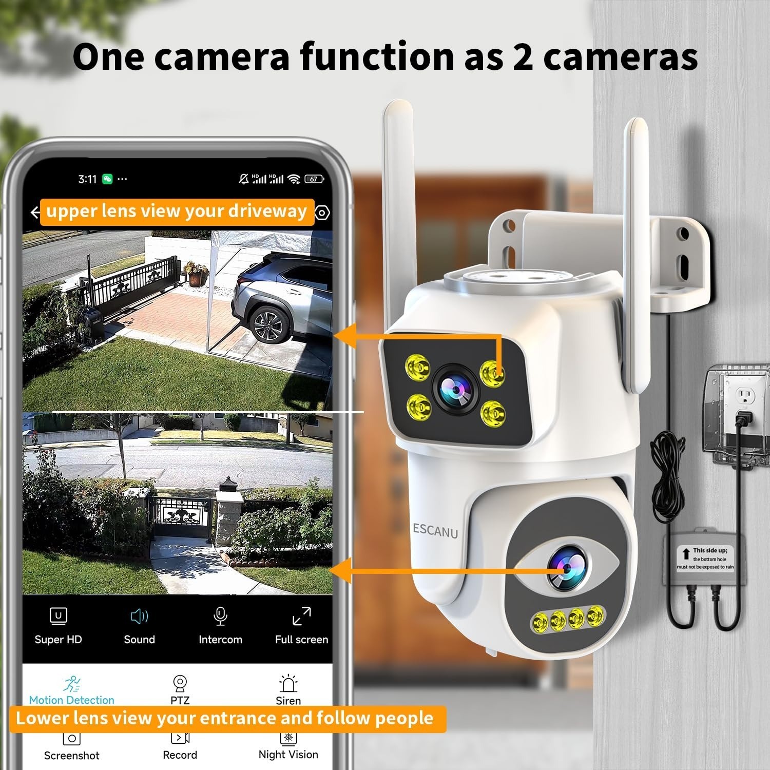 Outdoor Security Camera WiFi PTZ Dual Lens 2K Night Vision Auto Tracking