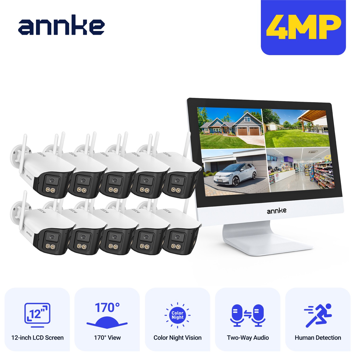 ANNKE 10CH 12” Monitor 4MP Dual Lens Wireless Security Camera System Full Color