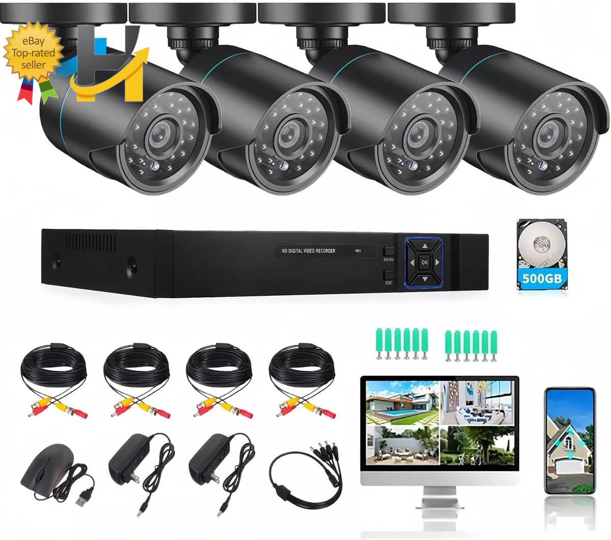 Home Security Camera System 3000TVL Surveillance DVR Kits 4Pcs Wired 1080P NEW