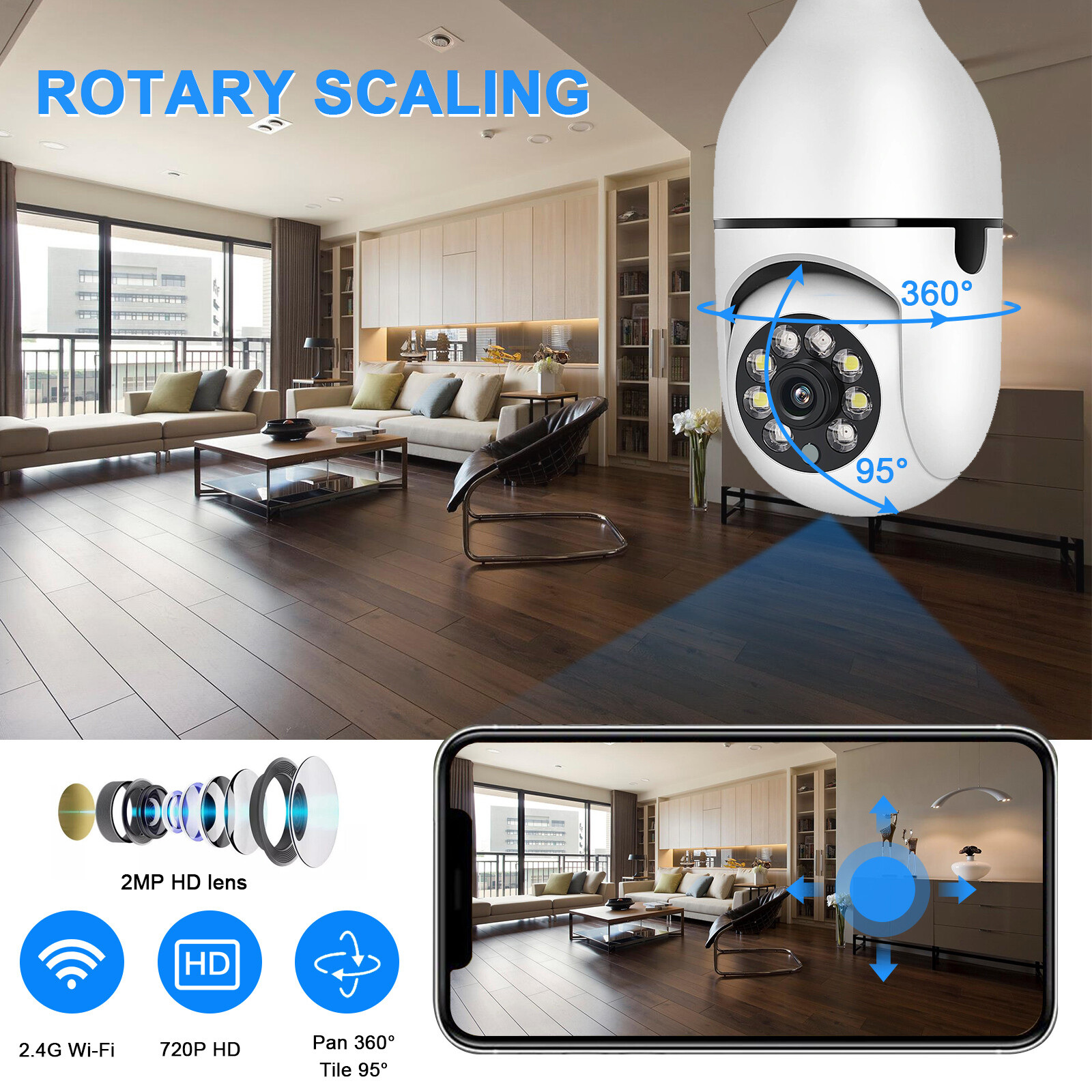 HD 1080P WiFi Security Camera Night Vision with PTZ Motion Detection 2-Way Audio