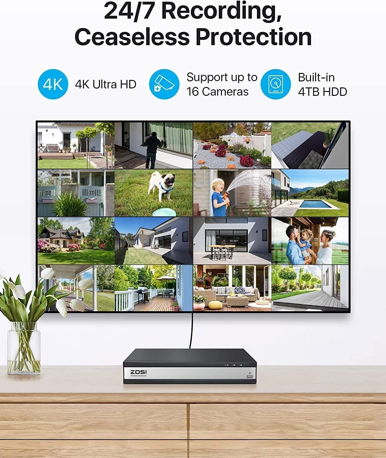ZOSI 4K 8CH/16CH PoE NVR Smart Playback Network Remote View IP 2TB/4TB Recording