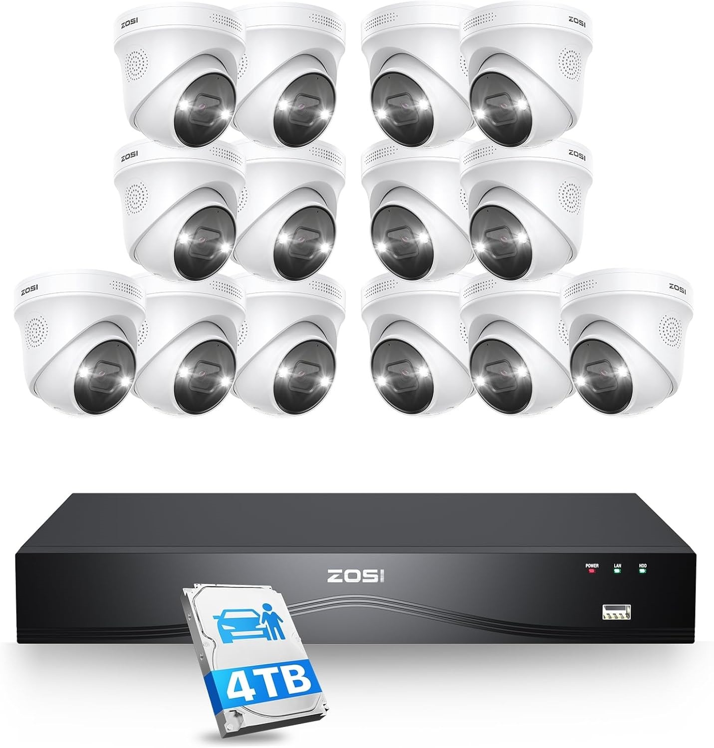 ZOSI 16CH 4K 8MP POE Security Camera System NVR 4TB Audio AI Car Detect H.265+