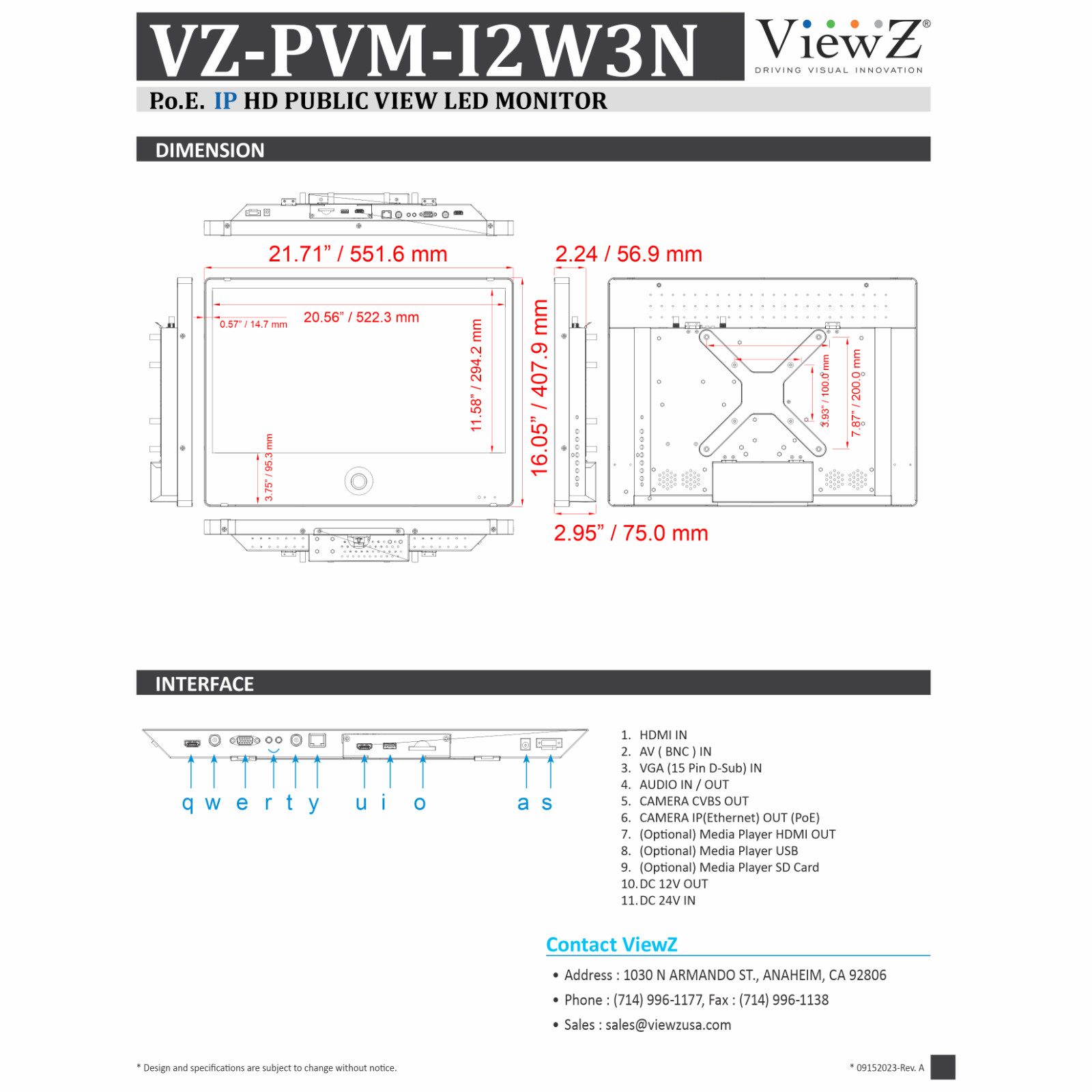 ViewZ VZ-PVM-I2W3N 23″ 1920×1080 IP PVM Based CCTV Monitor w 2MP Camera White OB