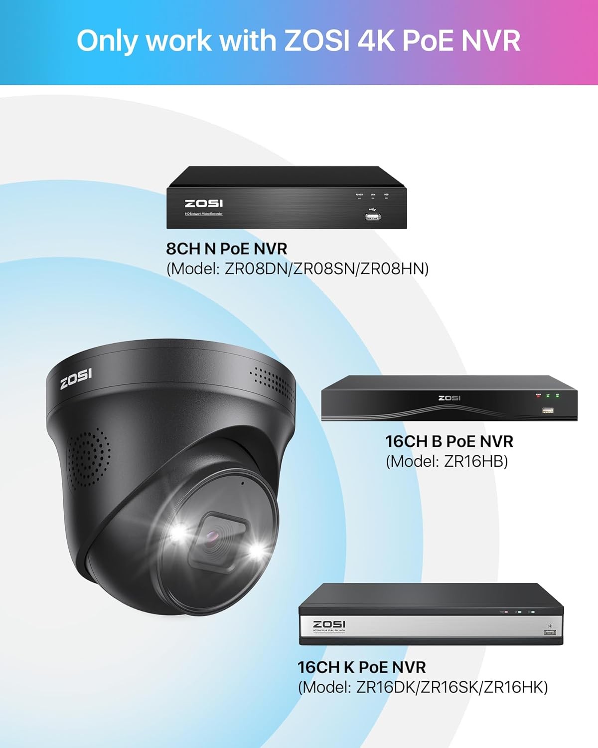 ZOSI 8MP 4K PoE Security IP Dome Camera Add on Sound & Light Alarm AI Detection