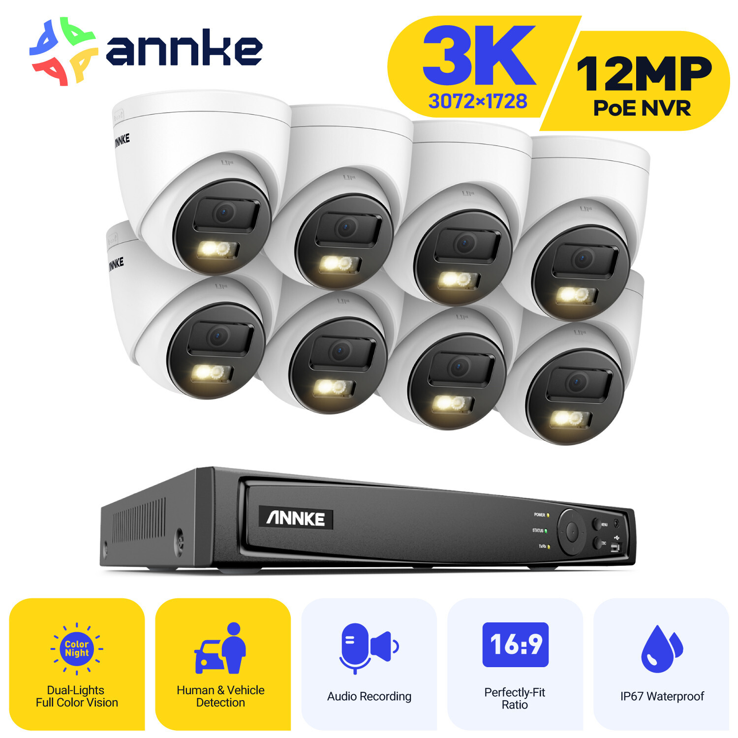 ANNKE 8CH 12MP NVR POE 5MP Security Camera System AI Color Night Vision Outdoor