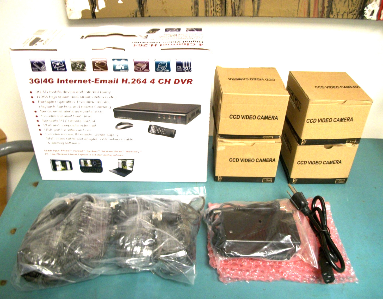 PICZEL 7204 Surveillance System 4CH DVR w/Internet 4 IR Cams & Install Kit – NEW
