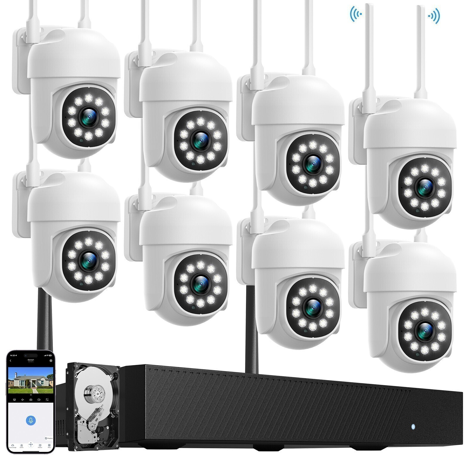 8Pcs PTZ Cameras & Wireless Security Camera System 16CH NVR CCTV Audio Recording