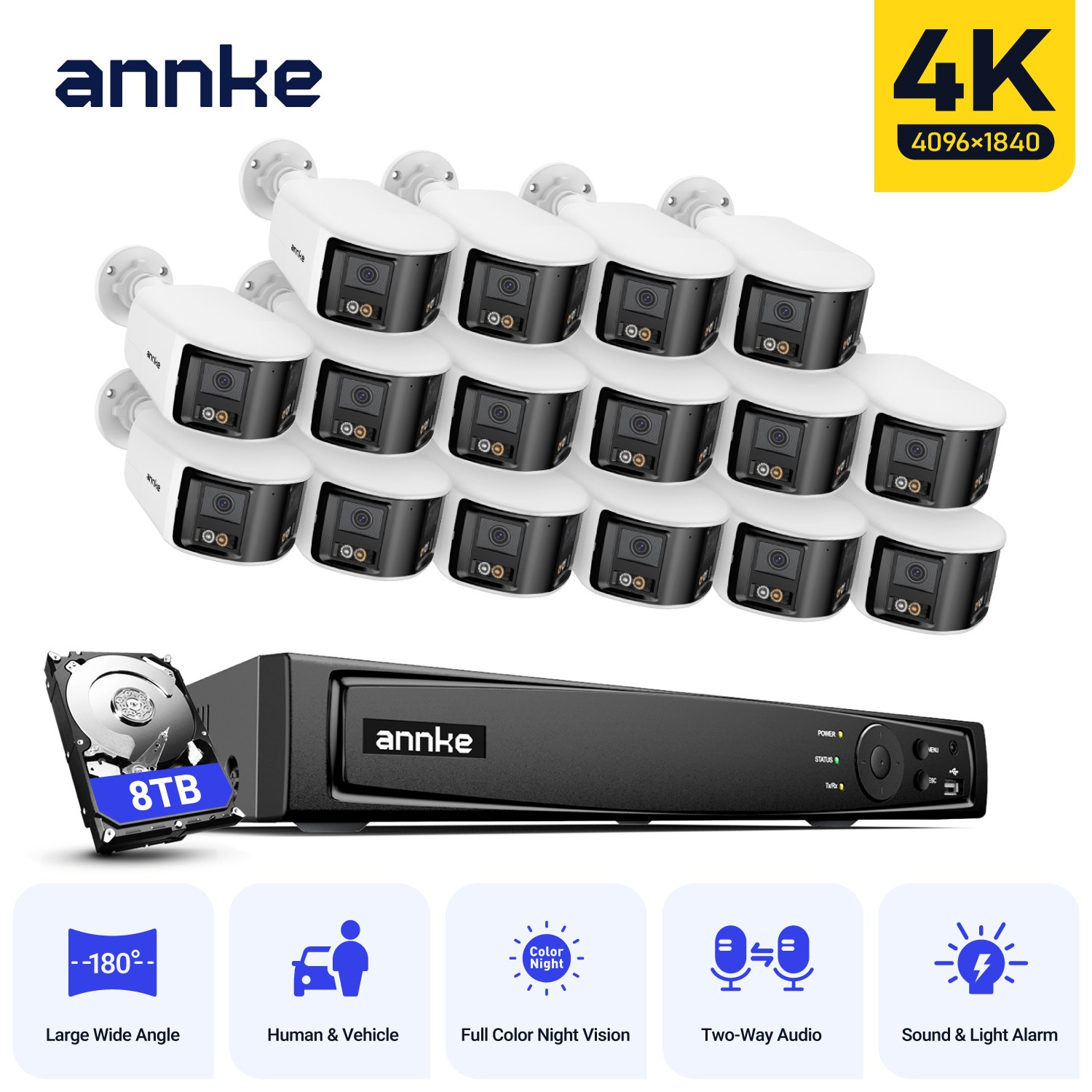 ANNKE 16CH NVR 4K 180° Dual Lens Color POE Security Camera System Two Way Audio