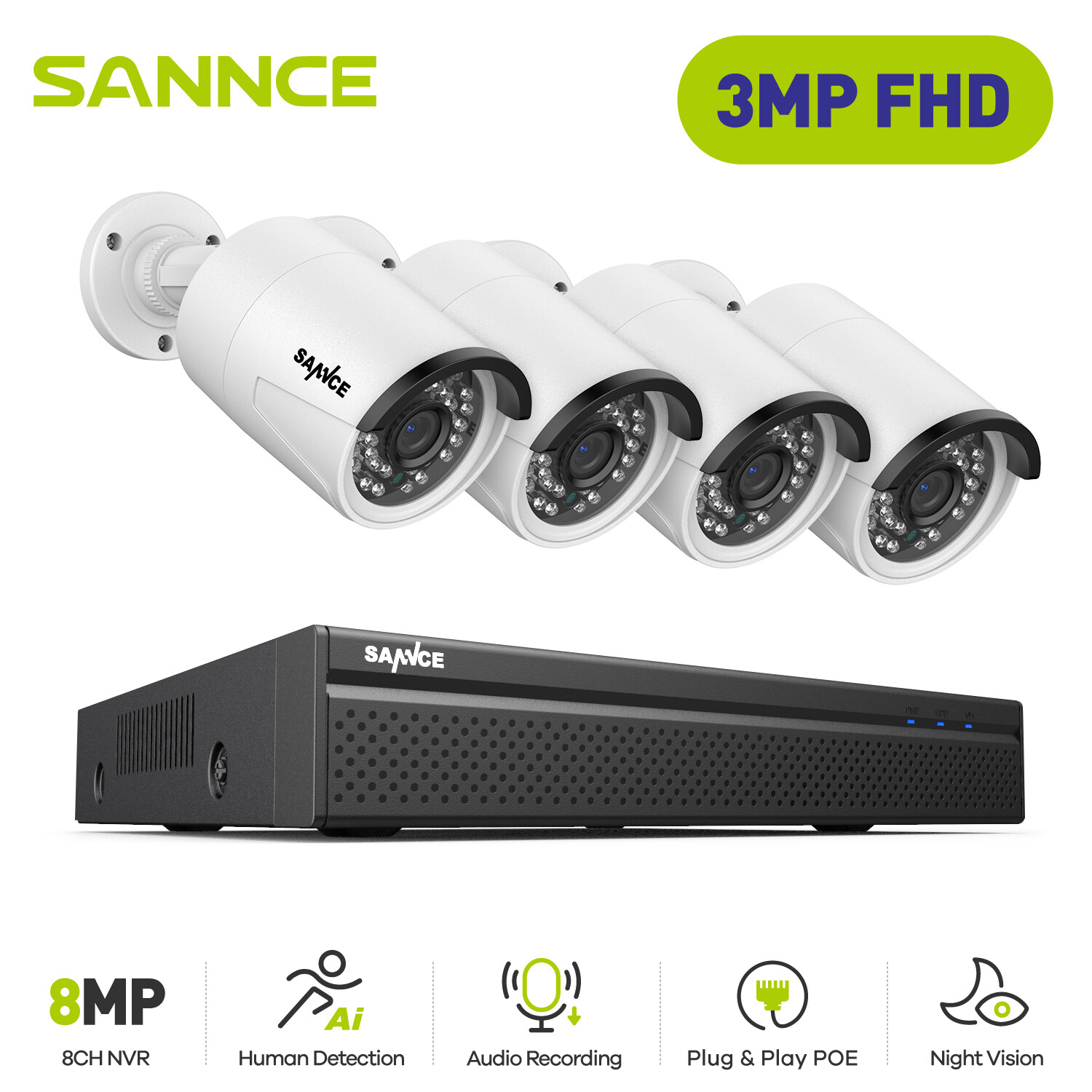 SANNCE 8CH 4K NVR 3MP PoE Outdoor Security Camera System IP Network AI Detection