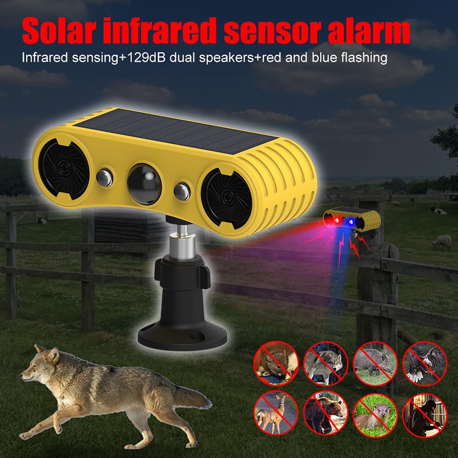 Solar Sound Strobe Motion Sensor Alarm,LED Red Blue Flashing Warning Light Ou…