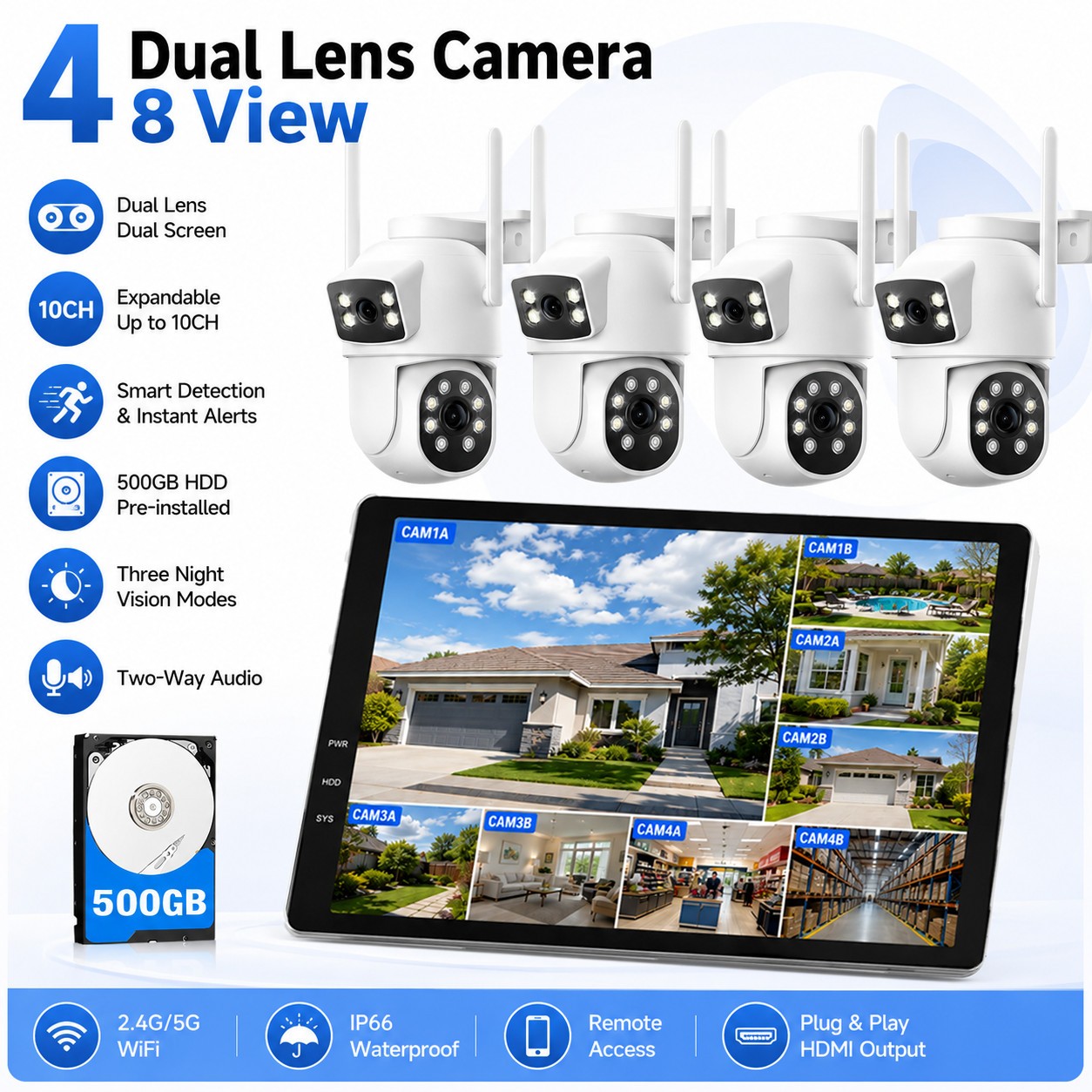 360° View Wireless CCTV Security Camera System Outdoor Home Surveillance Monitor