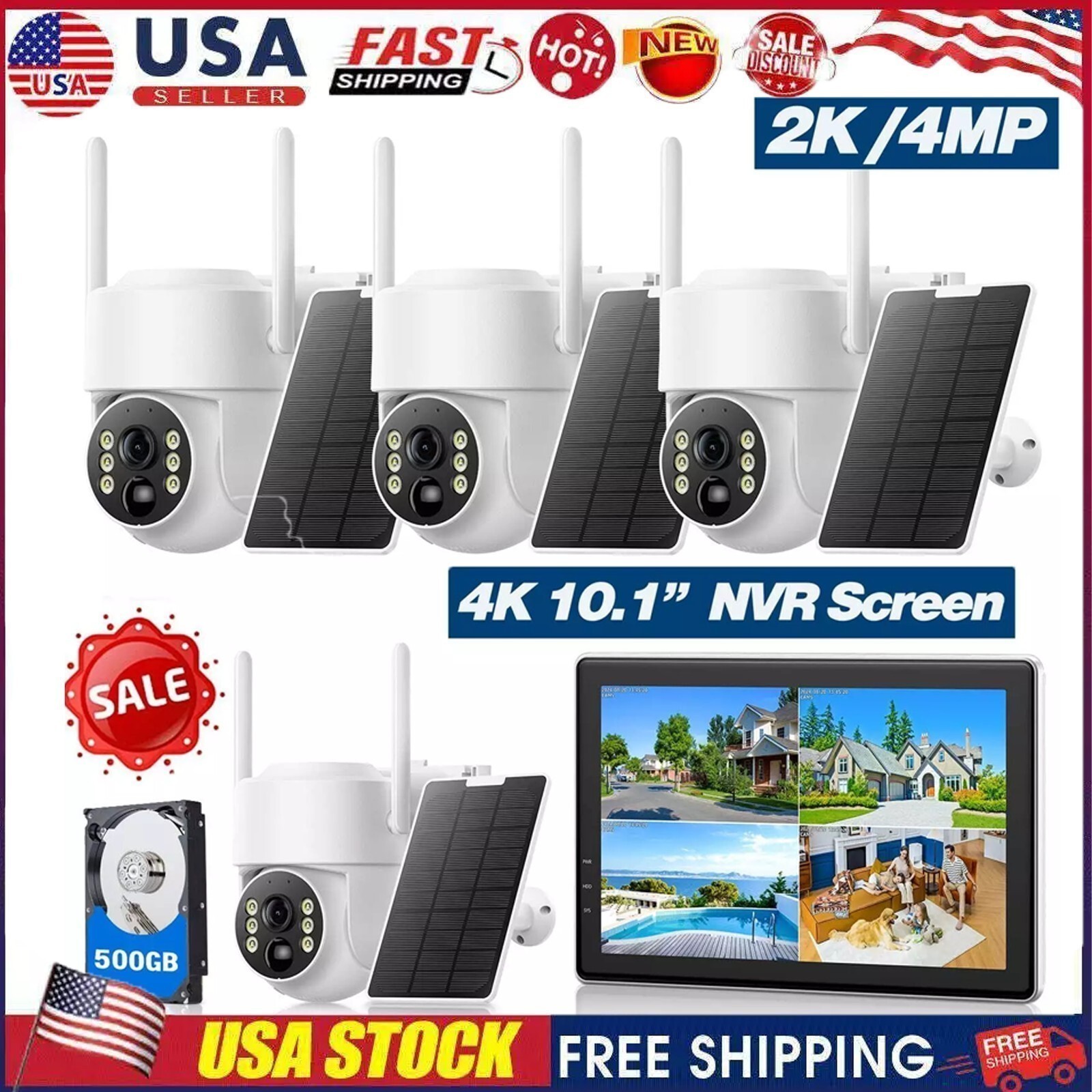 2K Wifi Wireless IP Cam PTZ Solar Security Camera Outdoor Home CCTV NVR Monitor