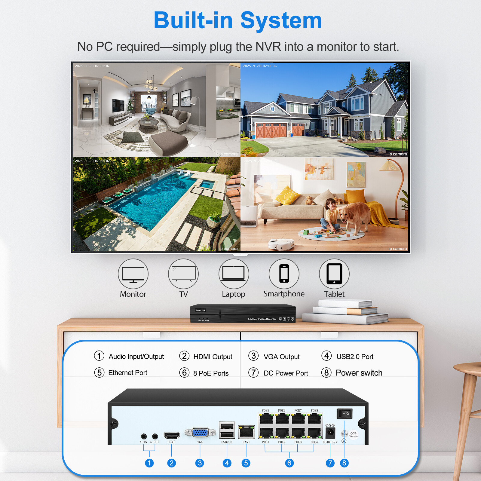8pcs 2-Way Audio 5MP ColorVu Dome Security Camera 8CH 4K 8MP POE 4TB NVR System