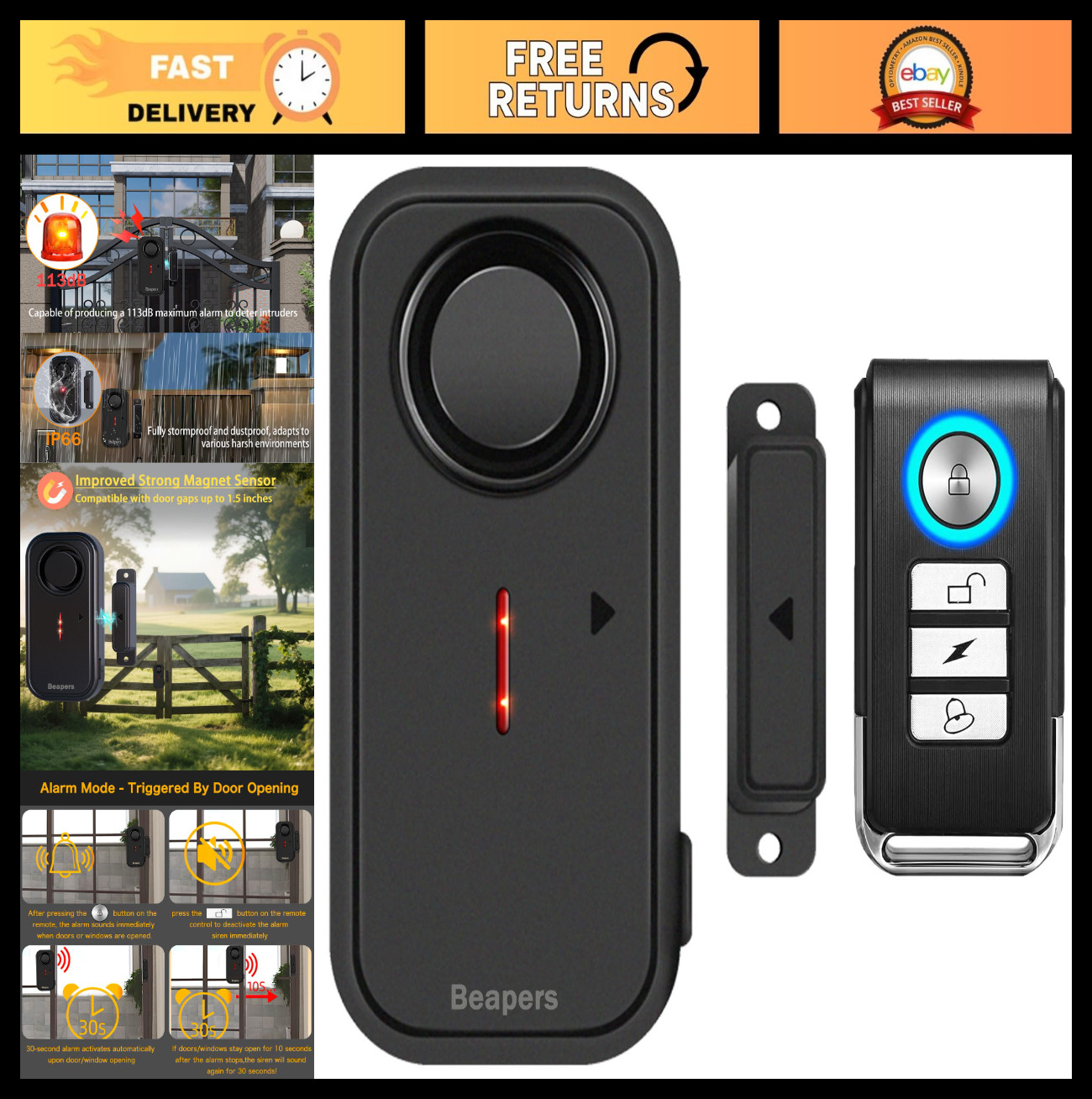 Waterproof Door/Window Alarm with Remote Control – 113dB Anti-Theft Security Sys
