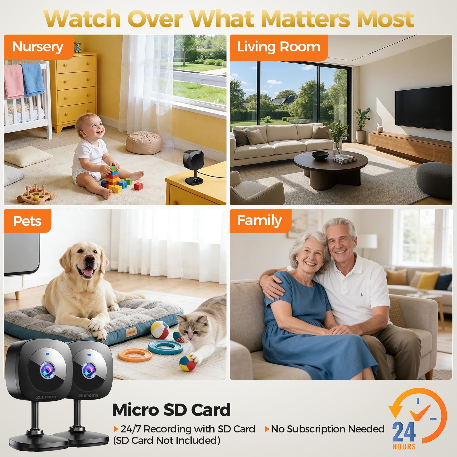ZEEPORTE 2K Indoor Cameras for Home Security – Baby Monitor and 2-Pack, Black
