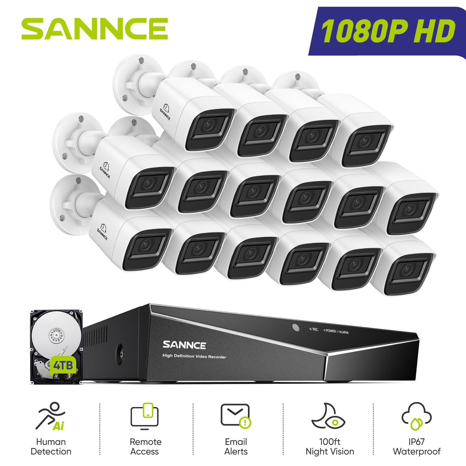 SANNCE 5in1 16CH DVR 1080P Video Security Camera System Outdoor Human Detection
