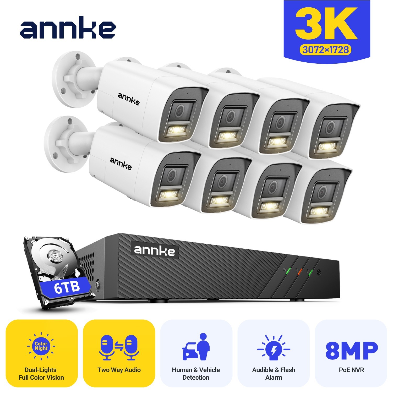ANNKE 8CH 4K NVR 3K POE AI Color Night Security Camera System Two Way Audio IP67