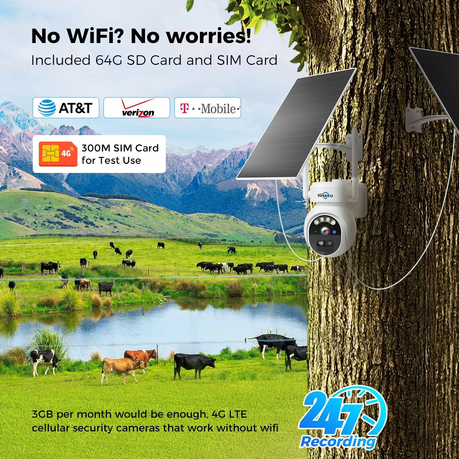 Hiseeu 4G LTE Cellular Security Camera Outdoor SD Card Wireless Solar Powered