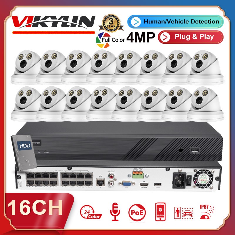 Vikylin 16CH CCTV System Full Color 4MP IP Camera Audio Outdoor 4k 16POE NVR Lot