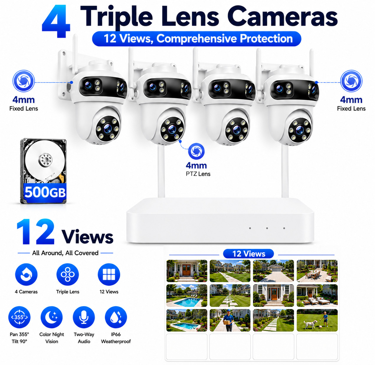 IP Security Camera System Wireless 10CH NVR Triple Lens Outdoor No Monthly Fee