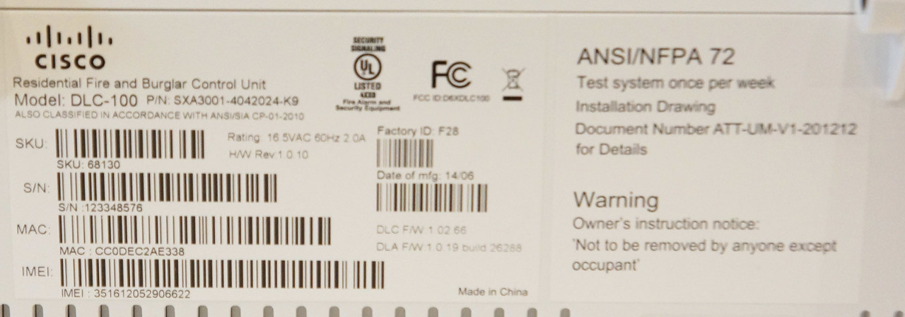 CISCO AT&T DLC-100 RESIDENTIAL FIRE AND BURGLAR CONTROL UNIT SXA3001-4042024-K9