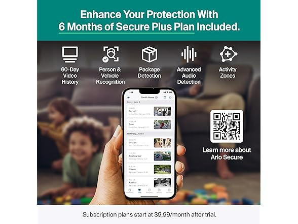Arlo Essential 2K Camera White Wired Plug-In Outdoor WiFi + Spotlight 6Mo Plan