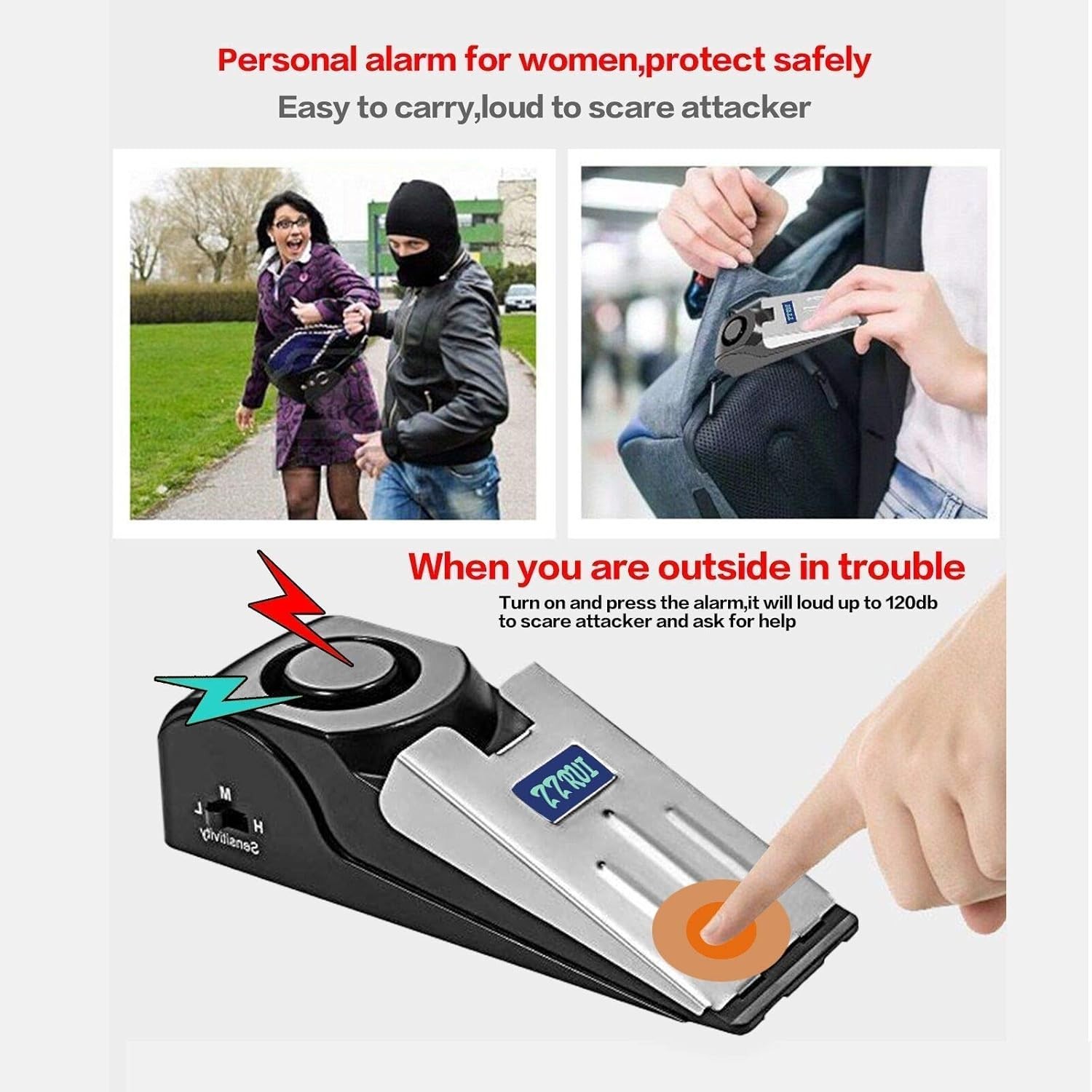 Portable Door Stop Alarm with 120dB Siren for Home Security & Travel Safety