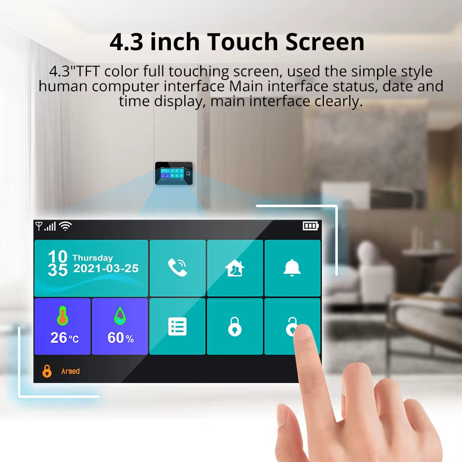 4.3 Inch Touch Screen Home Alarm System Wireless 4G Burglar Alarm WiFi GSM Tuya