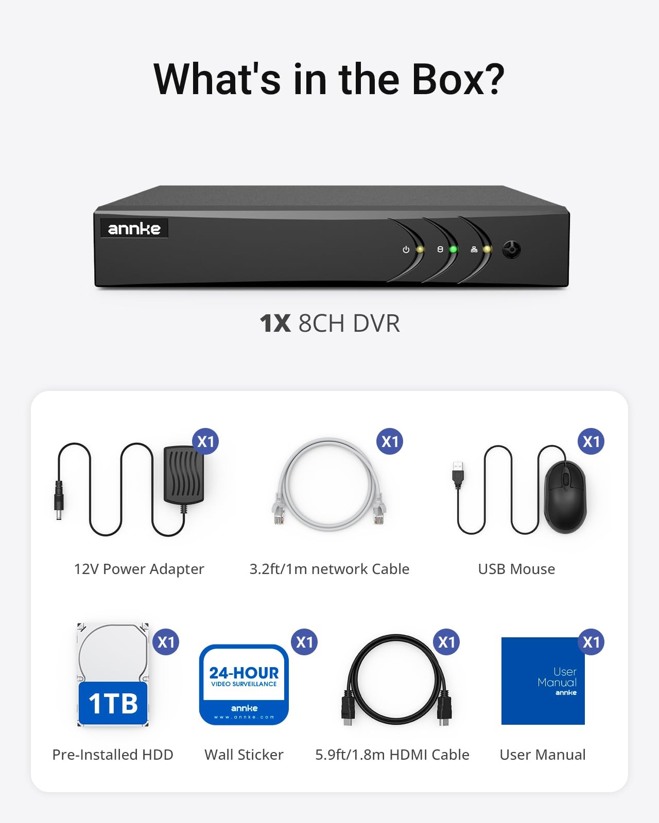 8 Channel 3K Lite Security Digital Video Recorder 1TB HDD H.265+ 5in1
