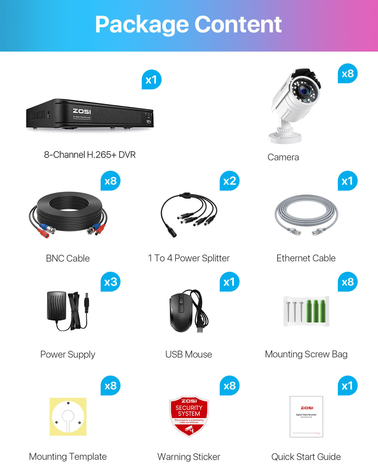 ZOSI H.265+ 3K Lite 8CH DVR Security Home 2MP Camera System Alerts Push Wired