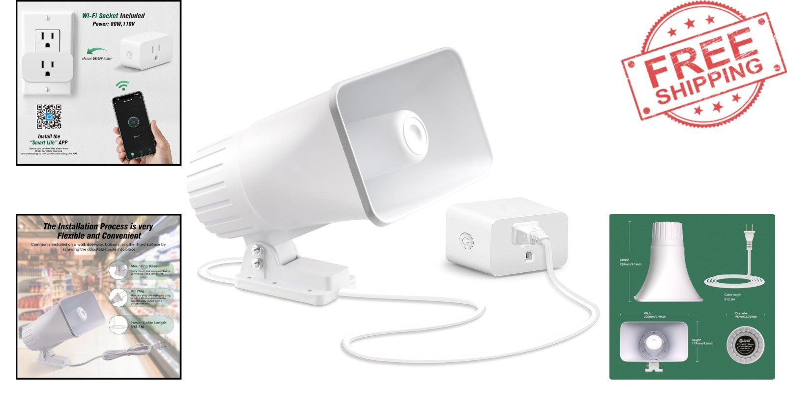 110V Outdoor Alarm Siren – 80W Wired Horn, 120dB Sound, Wi-Fi Remote Control