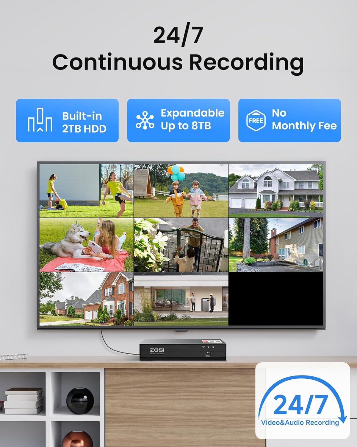 ZOSI 4K PoE NVR Security Camera System 4x8MP Wired IP Cameras One Way Audio 2TB