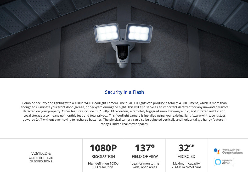 LOREX 1080p Wi-Fi Floodlight Camera Weatherproof, Two Way Talk, Deterrence Siren