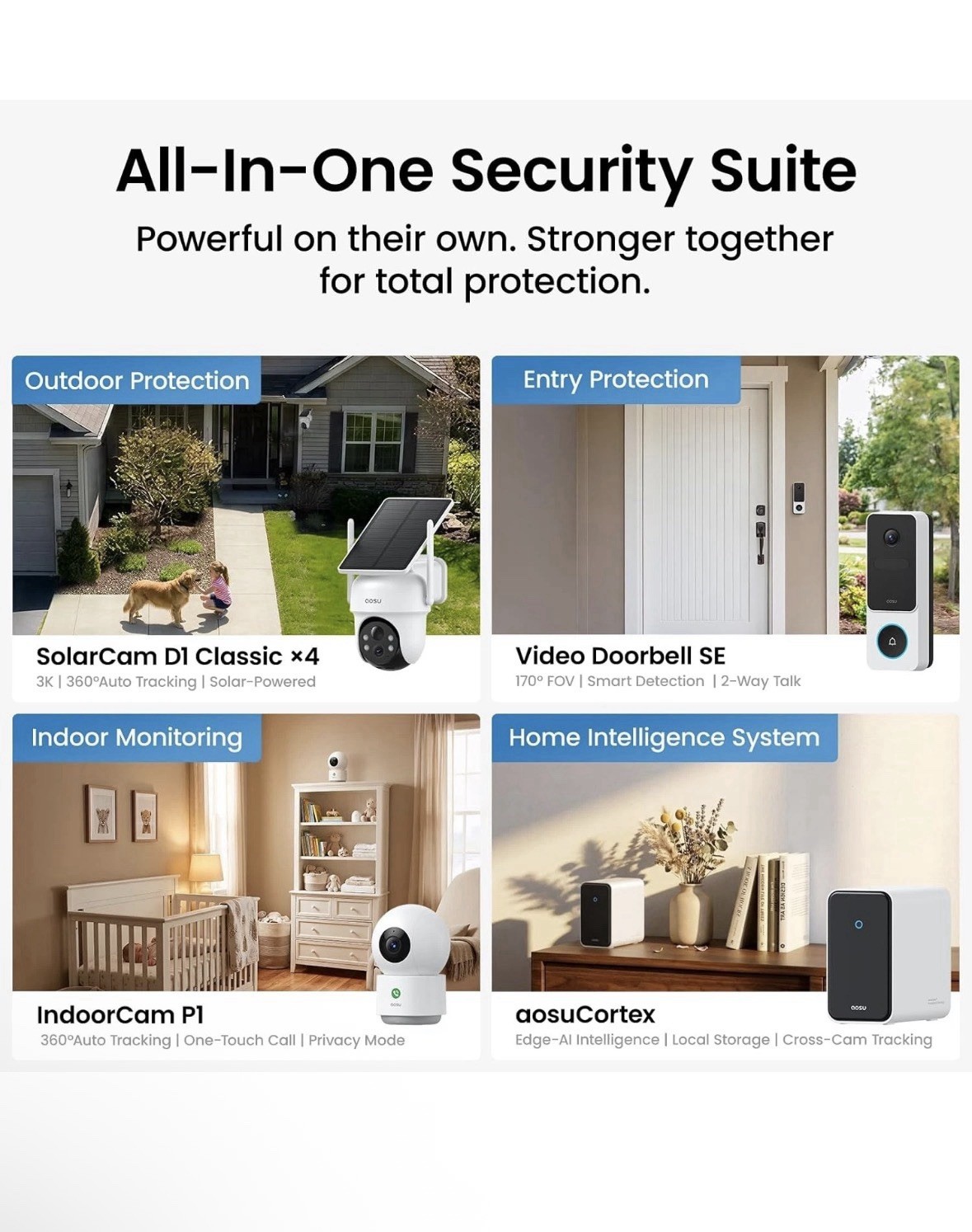 AOSU 3K Solar Security Camera System 4 Cam Kit + 2K Doorbell & Indoor Cam NEW