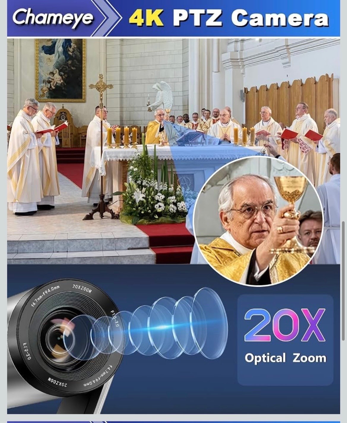 Chameye 4K PTZ Camera with 20X Optical Zoom and Auto Focus