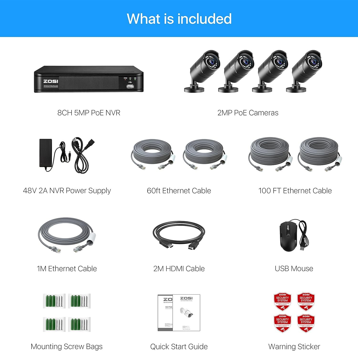 ZOSI H.265+1080p 8CH 5MP PoE NVR Security Camera System Outdoor Indoor Home
