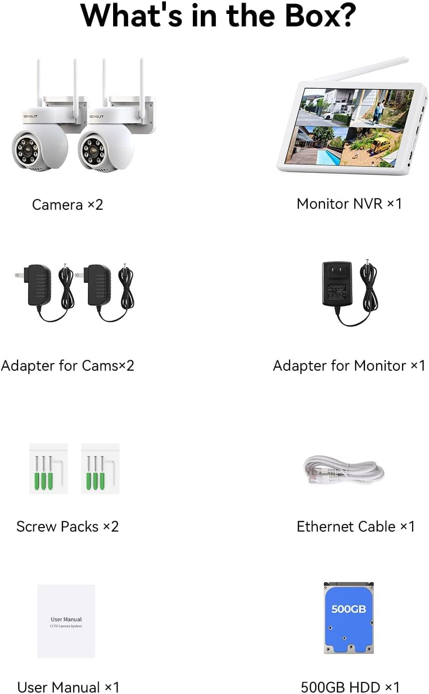 Wireless Security Camera System with 10″ LCD Monitor, 2PCS 3MP PTZ Outdoor Camer