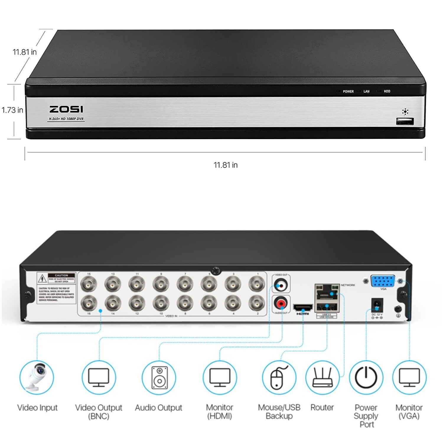 ZOSI 16CH 5MP Lite DVR 1080P Home Security Camera System Outdoor CCTV IR Night