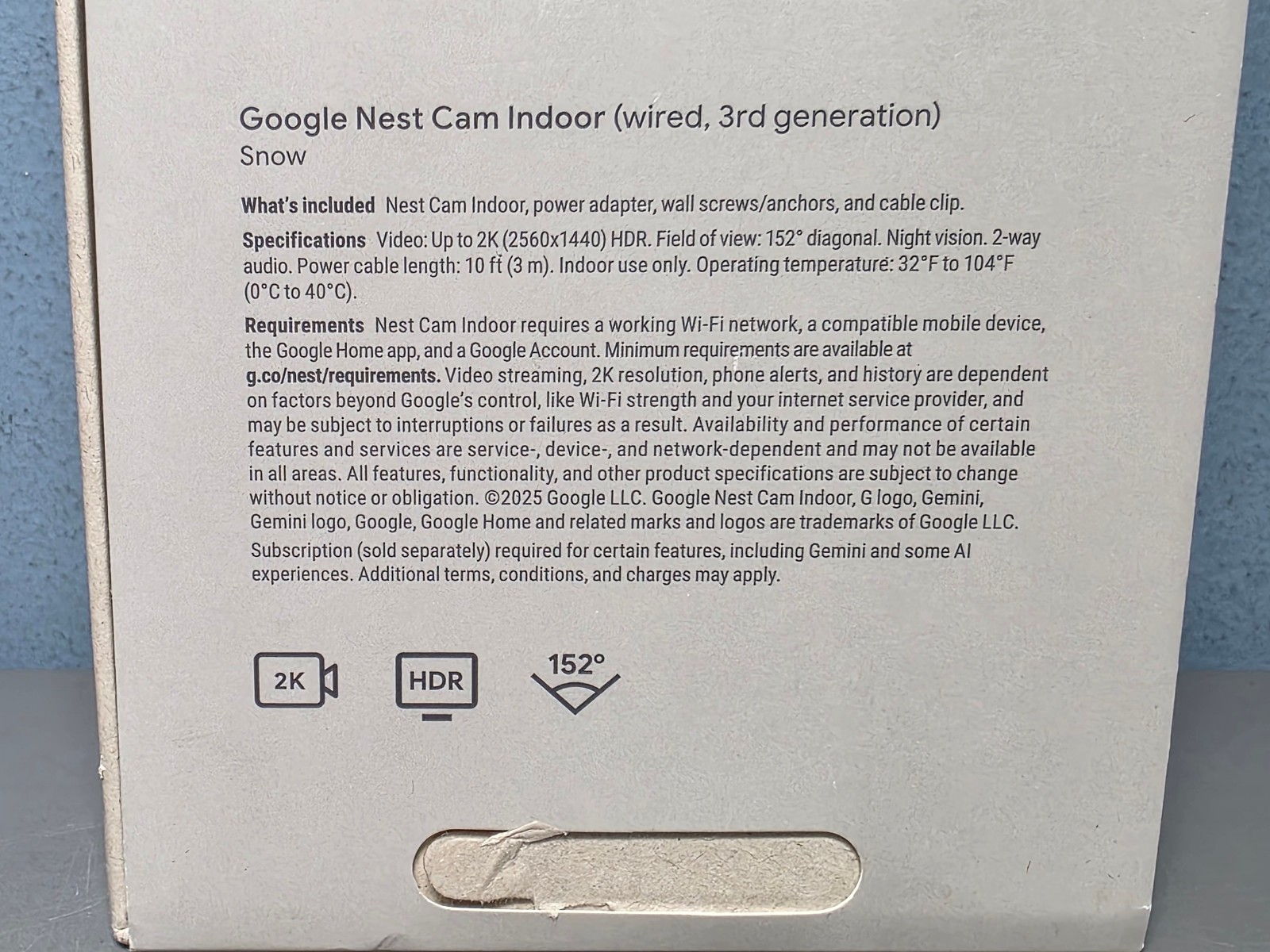 Google Nest Cam Indoor – Wired, 2K, HDR, 152° – 3rd Generation – New Open Box