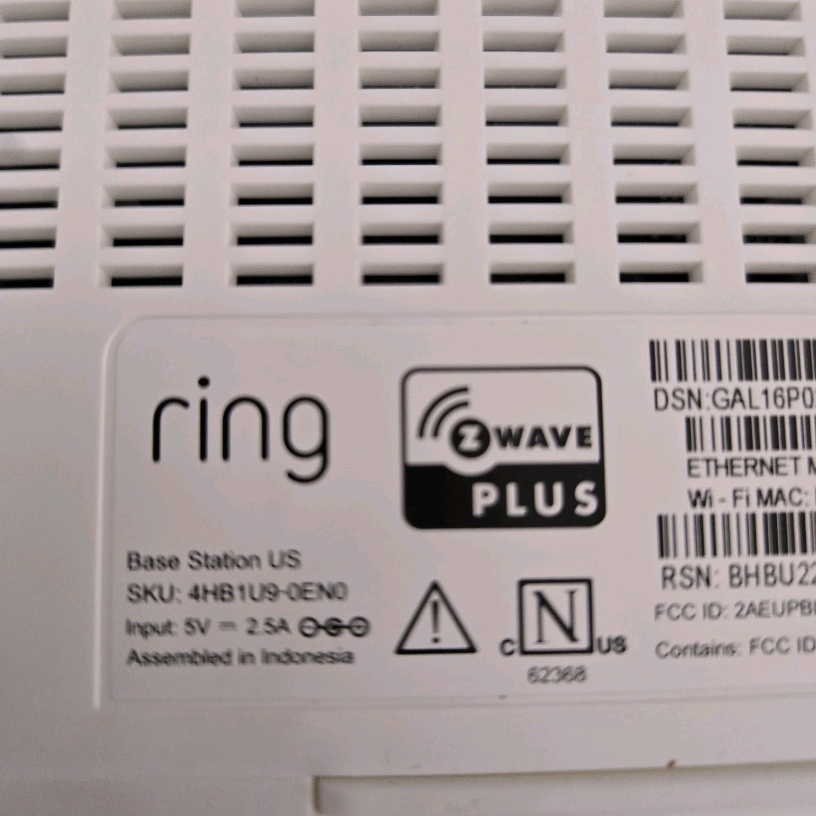 Ring Alarm Base Station US Z Wave+ 4HB1U9-0EN0 Gen 2 W/Power Cable WiFi-Indoor